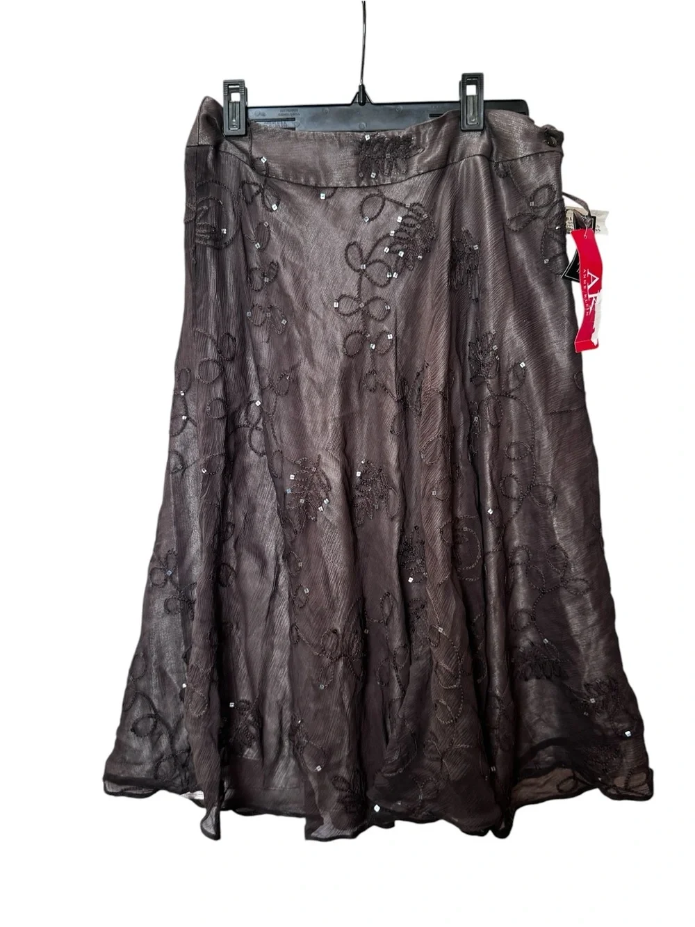 Anne Klein NEW Y2K 100% Silk Sheer Embroidered Sequin Midi Skirt Brown 4 Boho - Picture 2 of 16